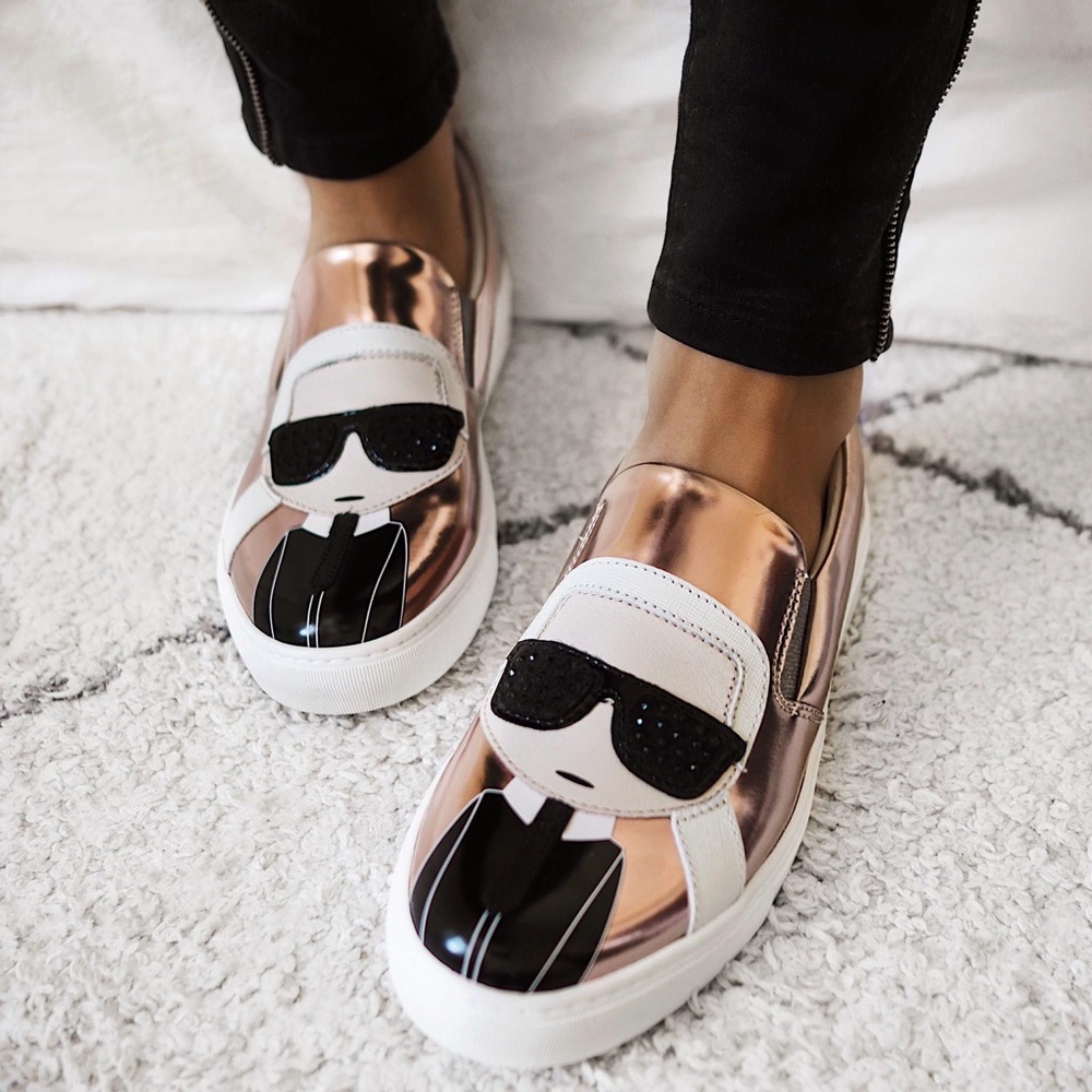 Karl Lagerfeld Mirror Rose Gold Leather Slip on Sneakers